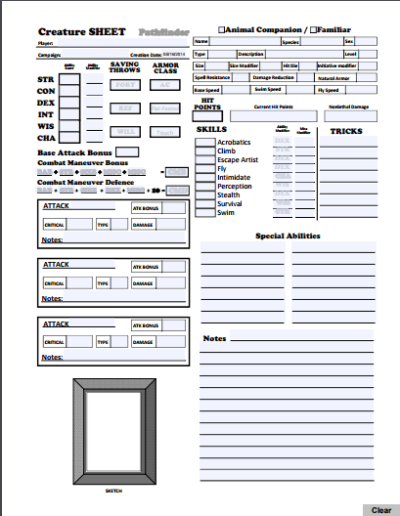 Animal Sheet Fillable - Pathfinder Character Sheet Editable, Printable ...